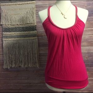 Fuschia pink pompom top with keyhole back